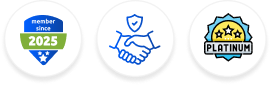 The image displays three different badge icons, likely used on a website or platform to indicate a user's status or qualifications. They represent membership duration, trust or partnership, and a high tier of membership.